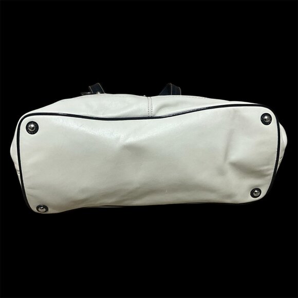 Coach Beige & Navy Leather Tote Handbag With Kiss Lock Closure & Front Zipper Po - Picture 11 of 11